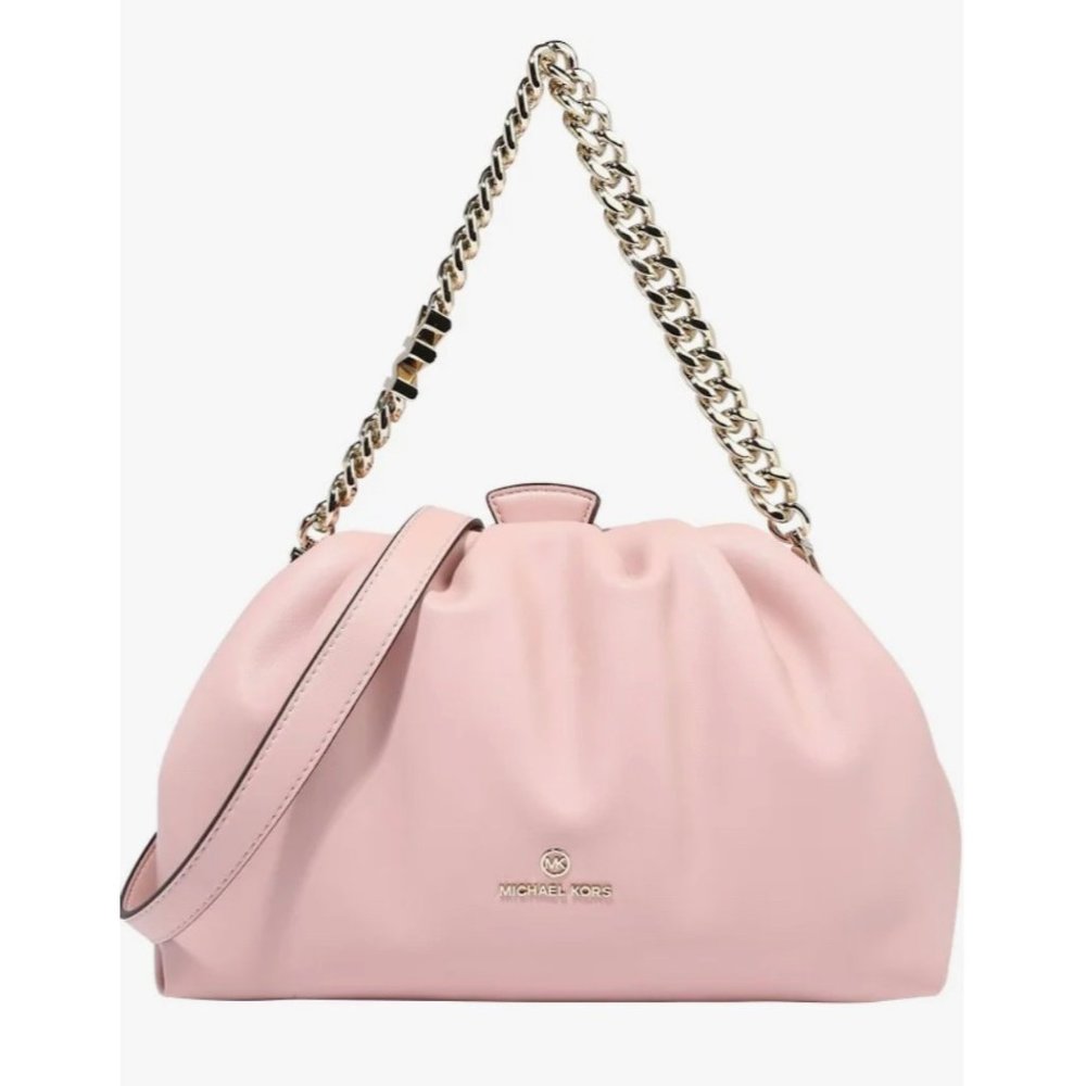 Michael Michael Kors Nola Clutch Crossbody Shoulder Bag Gold Chain Smokey Pink